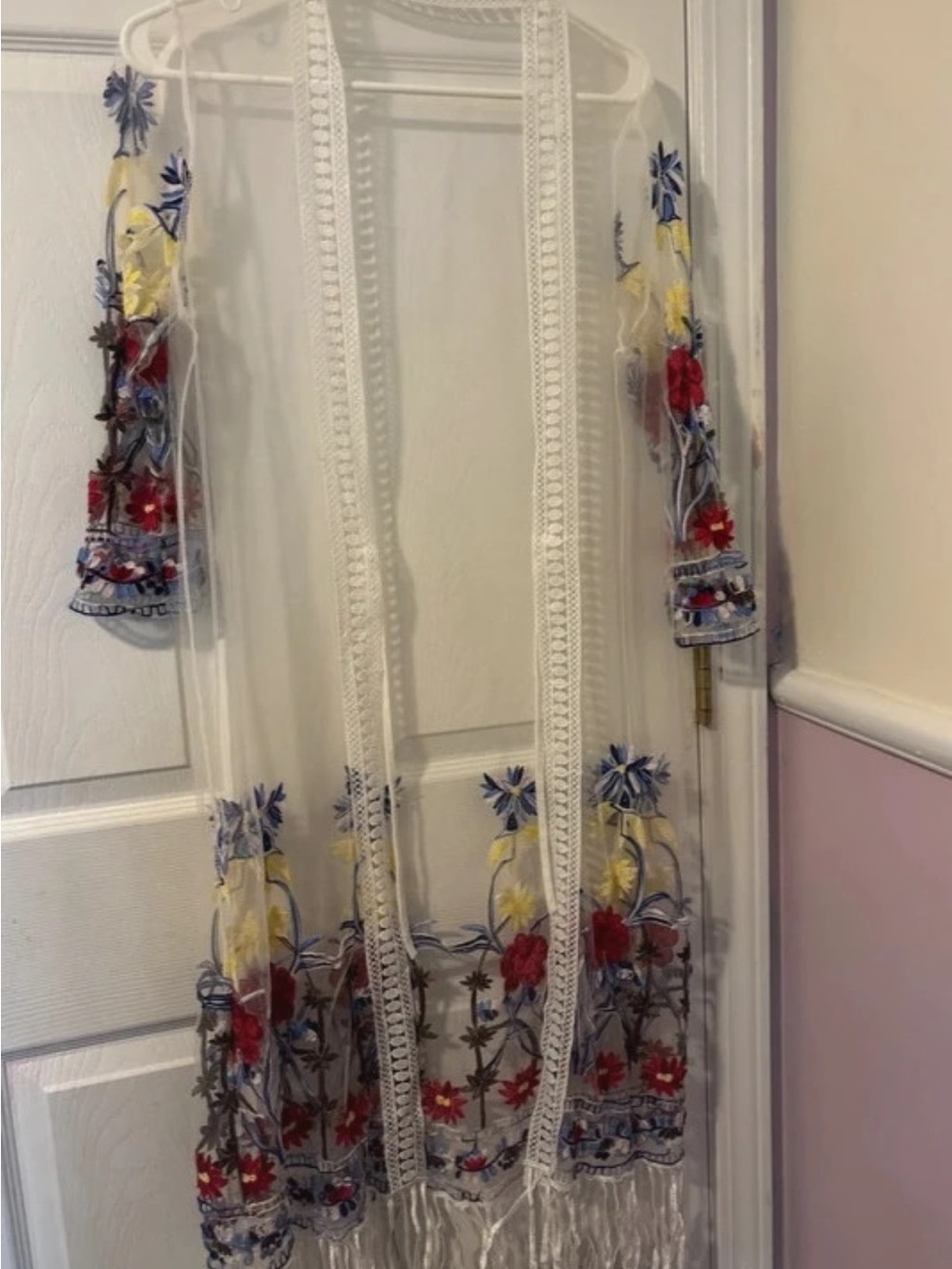 Embroidered White Sheer Kimono with Red, Blue and Yellow Floral Accents